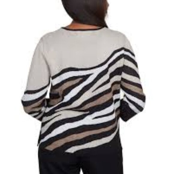 Alfred Dunner Jacquard Animal Jaguar Print Lightly Beaded Jewel Neckline Sweater - Picture 3 of 8